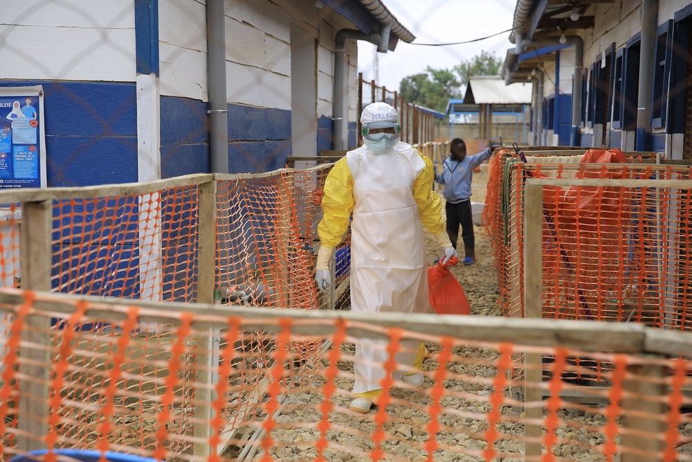 A healthcare worker walks inside a treatment center for Ebola patients in Beni, North Kivu province, eastern Congo, Wednesday, Oct. 7, 2026 (Copyright 2026 The Associated Press. All rights reserved)