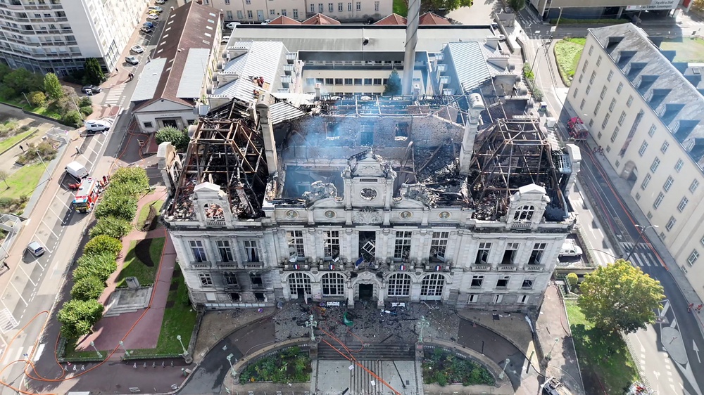 Limoges city hall after being set on fire, a day after nationwide protests against the 