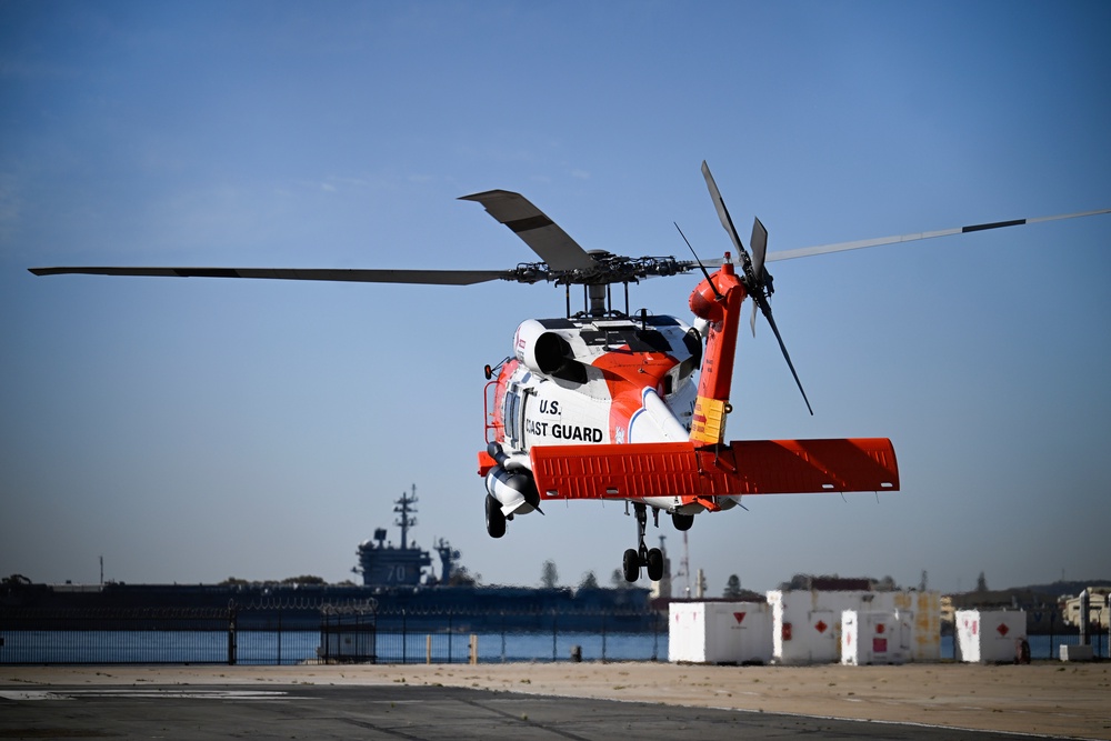 A U.S. Coast Guard helicopter lifts off at Coast Guard Station San Diego, Friday, Oct. 16, 2026, in San Diego (AP)