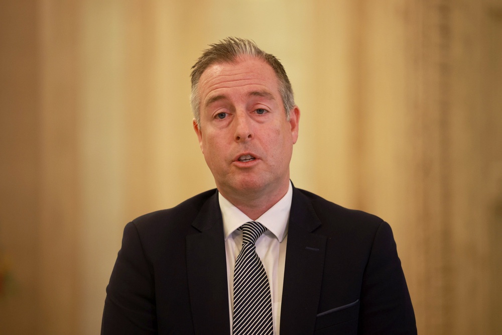 Education Minister Paul Givan speaking to the media at Stormont on Monday morning (Liam McBurney/PA) (PA Wire)