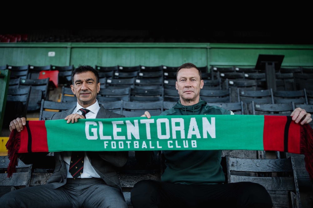 Owner Ali Pour (left) conducted an extensive coaching search before alighting on Ferguson (Glentoran FC / Supplied)