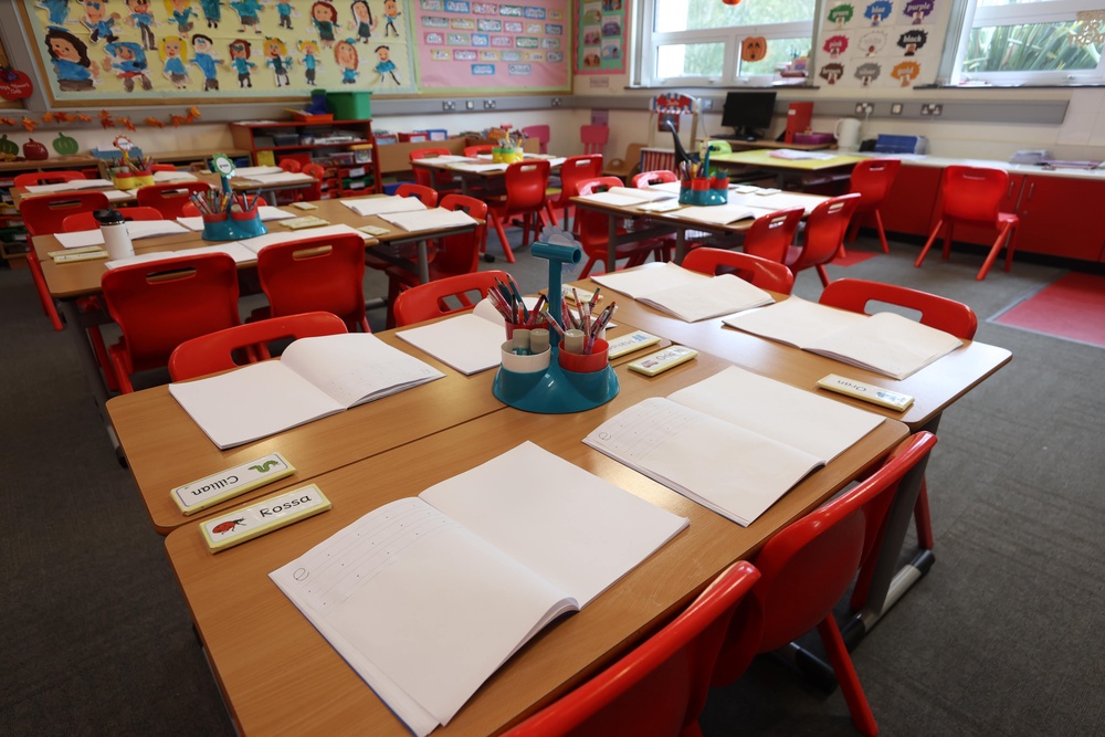 An empty classroom at St Colman's Primary School in Lambeg, Co Antrim. (PA)