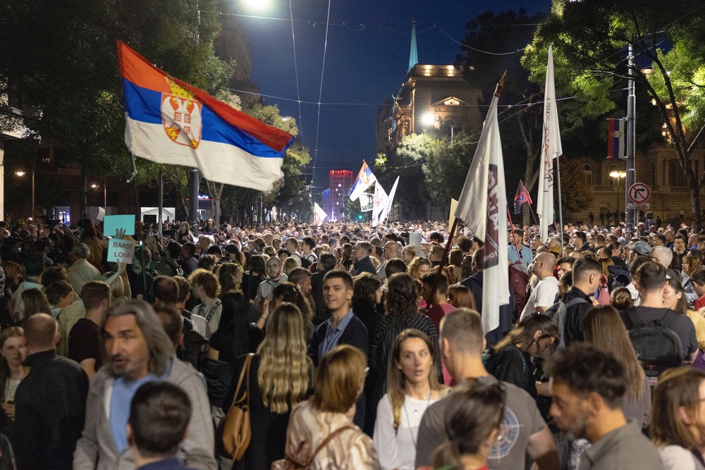 Supporters of the Students List stage a protest in front of Serbia's Election Commission headquarters in Belgrade, Serbia, Wednesday, Oct. 7, 2026. (Copyright 2026 The Associated Press. All rights reserved.)