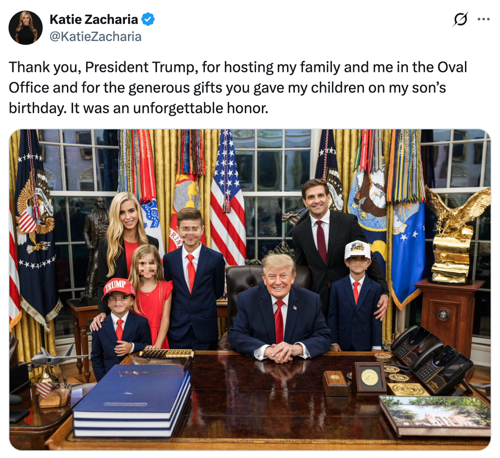 In her second post, Trump is in an identical pose but the map on the stack of blue books on his desk has vanished (Katie Zacharia/X)