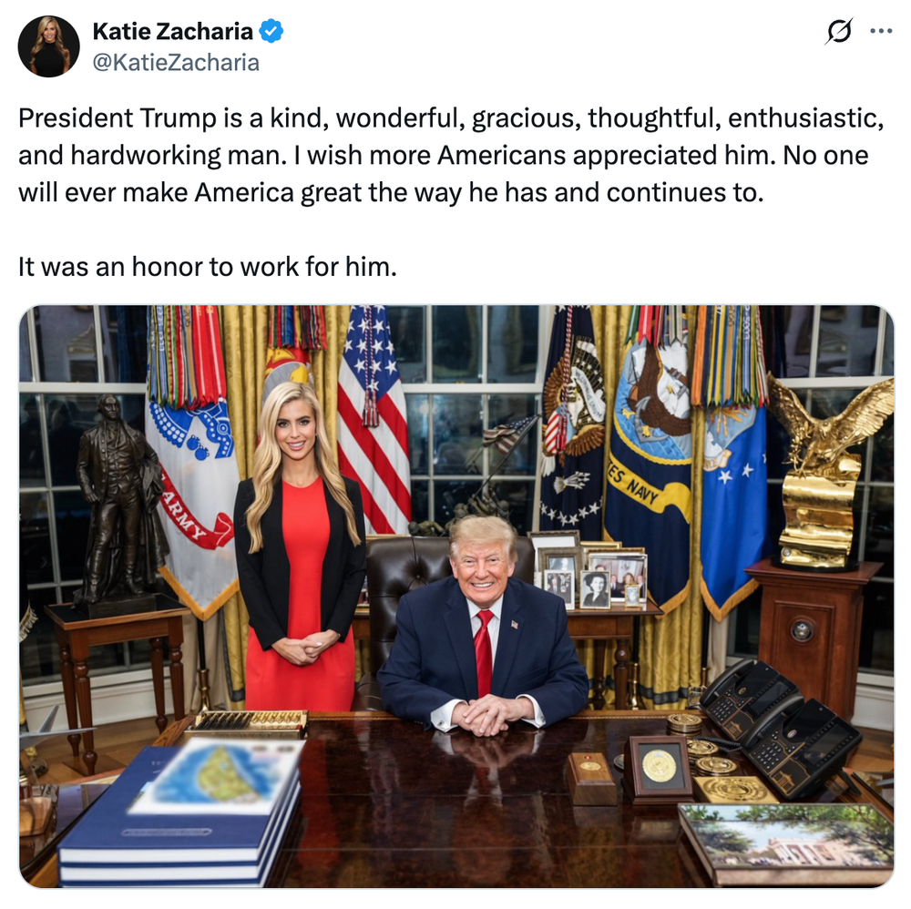 Former White House press secretary Katie Zacharia posted a pair of farewell tweets paying tribute to President Donald Trump, the first of which had a blurred map in the corner (Katie Zacharia/X)
