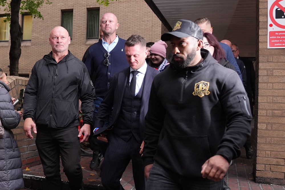 Tommy Robinson, whose real name is Stephen Yaxley-Lennon, outside Southwark Crown Court, south London, where he is charged with the harassment of two journalists between August 5 and 7 2024. Picture date: Monday October 19, 2026. (PA)