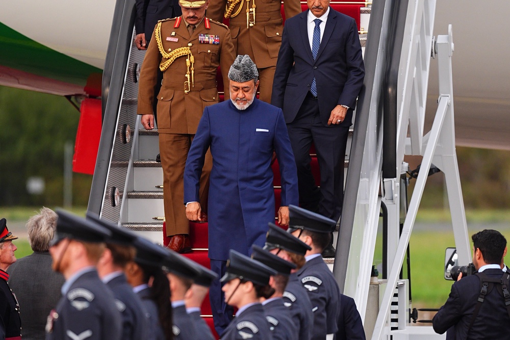 The Sultan of Oman, Haitham bin Tarik Al Said, arrives at Stansted Airport Essex, on Monday