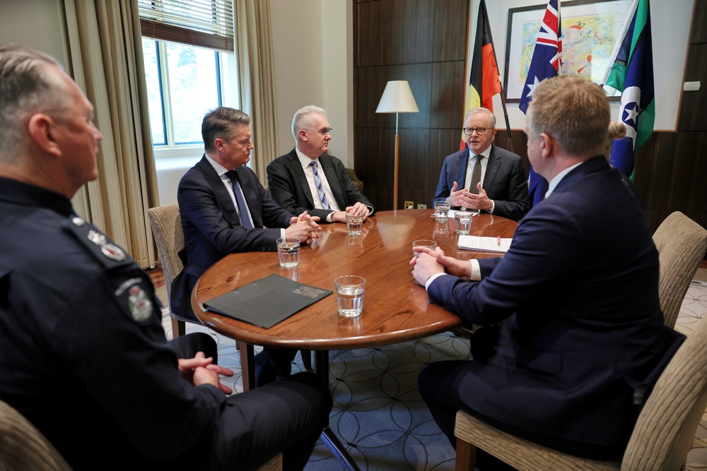Australian prime minister Anthony Albanese holds meeting with members of administration following attack on Helen Haines in Wangaratta (AP)