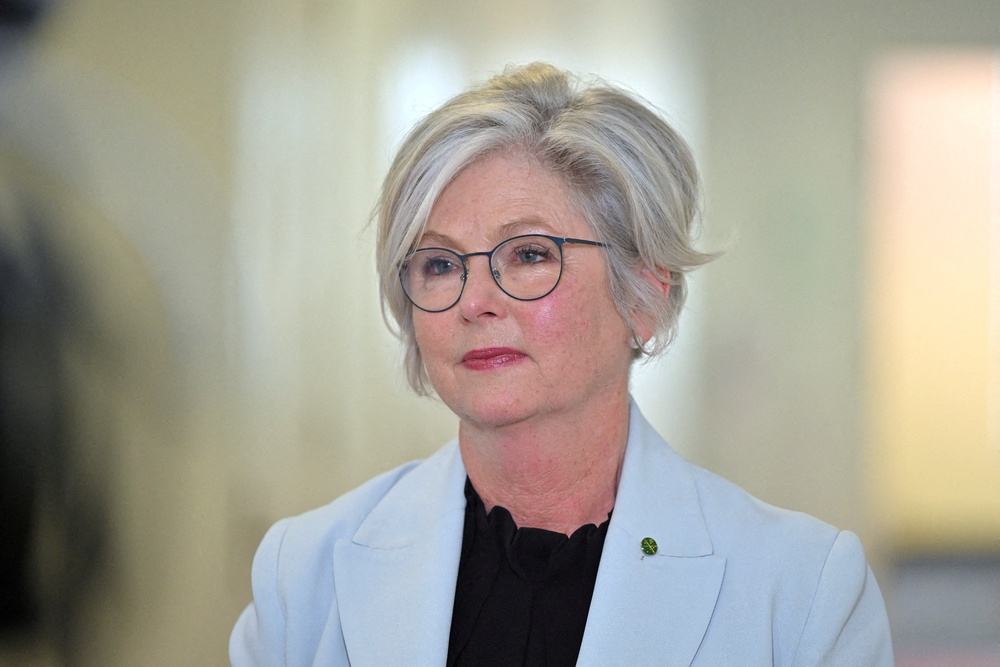 Independent member Helen Haines reacts while speaking to journalists (Reuters)
