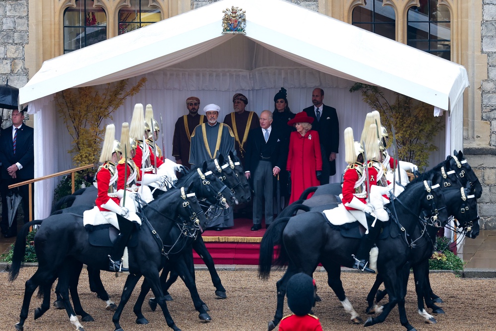 From left: H.H. Sayyid Theyazin bin Haitham Al Said, Deputy Prime Minister for Economic Affairs, The Sultan of Oman, Haitham bin Tariq Al Said, H.H. Sayyid Shihab bin Tariq Al Said, Deputy Prime Minister for Defence Affairs, King Charles III, Catherine, Princess of Wales, Queen Camilla and Prince William, Prince of Wales in the Quadrangle of Windsor Castle during the ceremonial welcome (PA)
