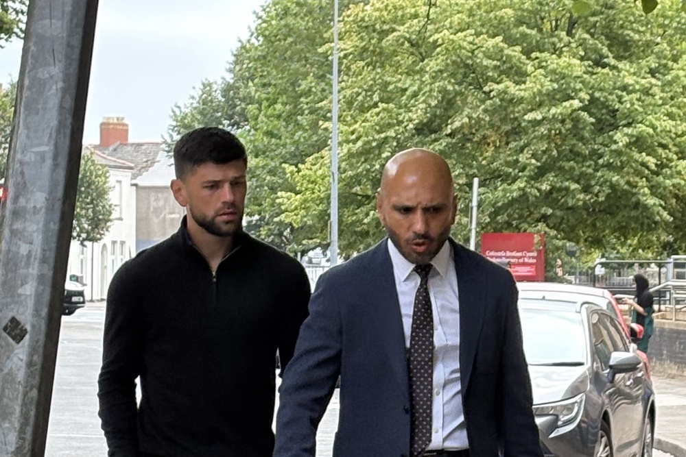 Former boxing world champion Joe Cordina with his lawyer Nadeem Majid at Cardiff Magistrates’ Court in July (Eleanor Storey/PA)