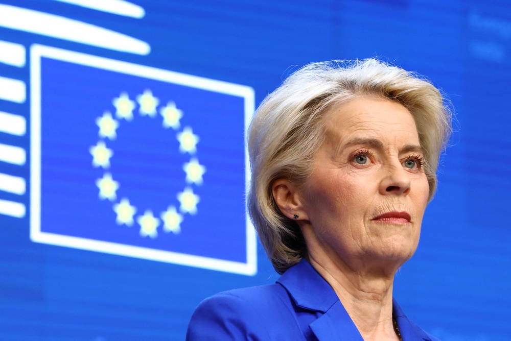 Ursula von der Leyen looks on during a press conference at a European Union leaders summit last week (Reuters)