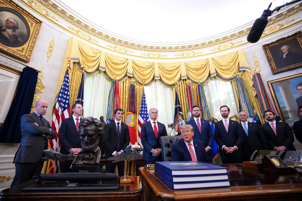 Trump noted he was in the Oval with 'JD and the untouchables' that included Vice President JD Vance, Dr. Mehmet Oz and deputy chief of staff Stephen Miller (Getty Images)