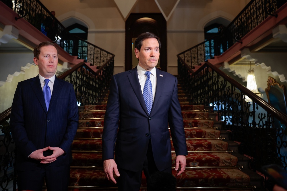 US secretary of state Marco Rubio, centre, said ‘there’s nothing being deliberately denied to Ukraine’ (Kylie Cooper/Pool Photo via AP) (AP)