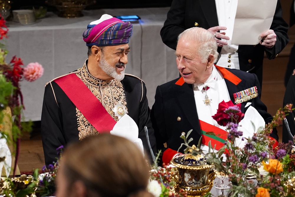 The Sultan of Oman and Charles at the state banquet on Tuesday night at Windsor Castle (Jordan Pettitt/PA) (PA Wire)