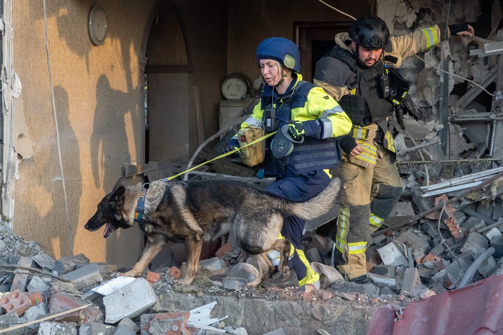 Rescuers with a search dog look for victims among the rubble of a house after a Russian air attack in Kharkiv (AP)