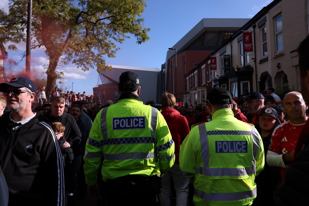 Police officers are seen outside the stadium before the Premier League 2026/27 match between Liverpool FC and Manchester City (Getty)