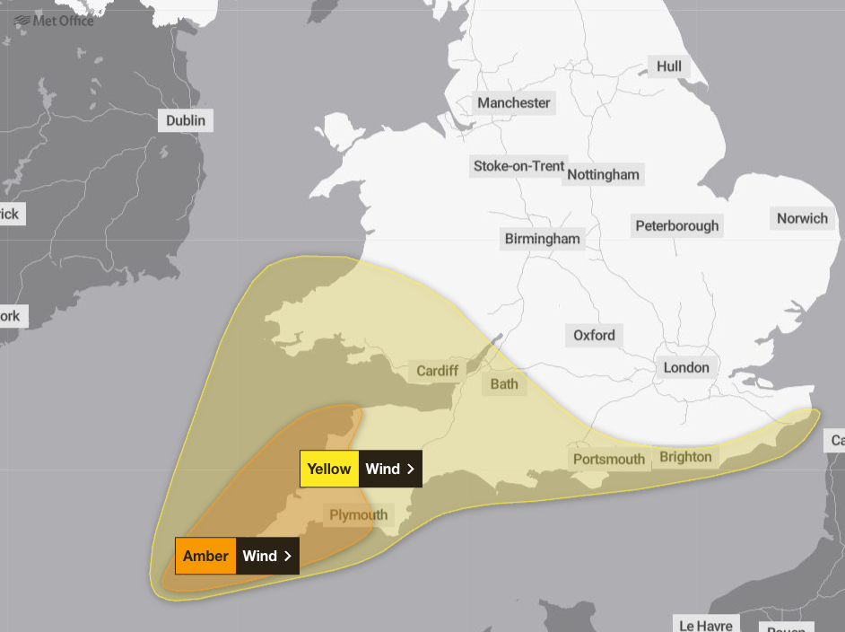 The amber warning is in place between 3am and 10am on Friday for Cornwall, Devon, the Isles of Scilly and Plymouth, where gusts of 60 to 70 mph will develop with some exposed areas expecting 80 mph (Met Office)