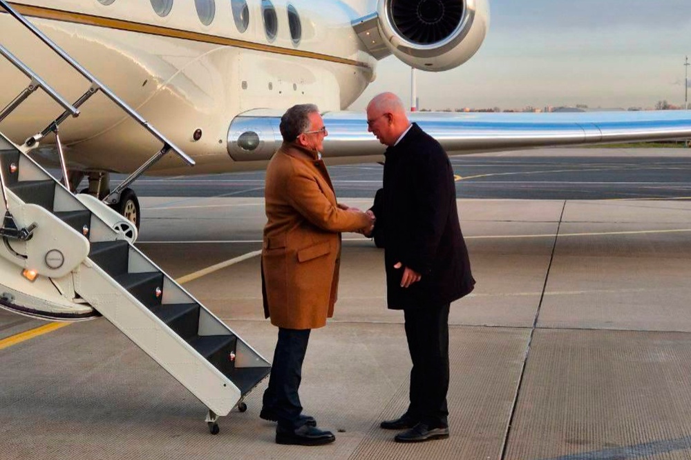 Russian presidential envoy Kirill Dmitriev, right, greets U.S. special envoy Steve Witkoff on Wednesday (AP)