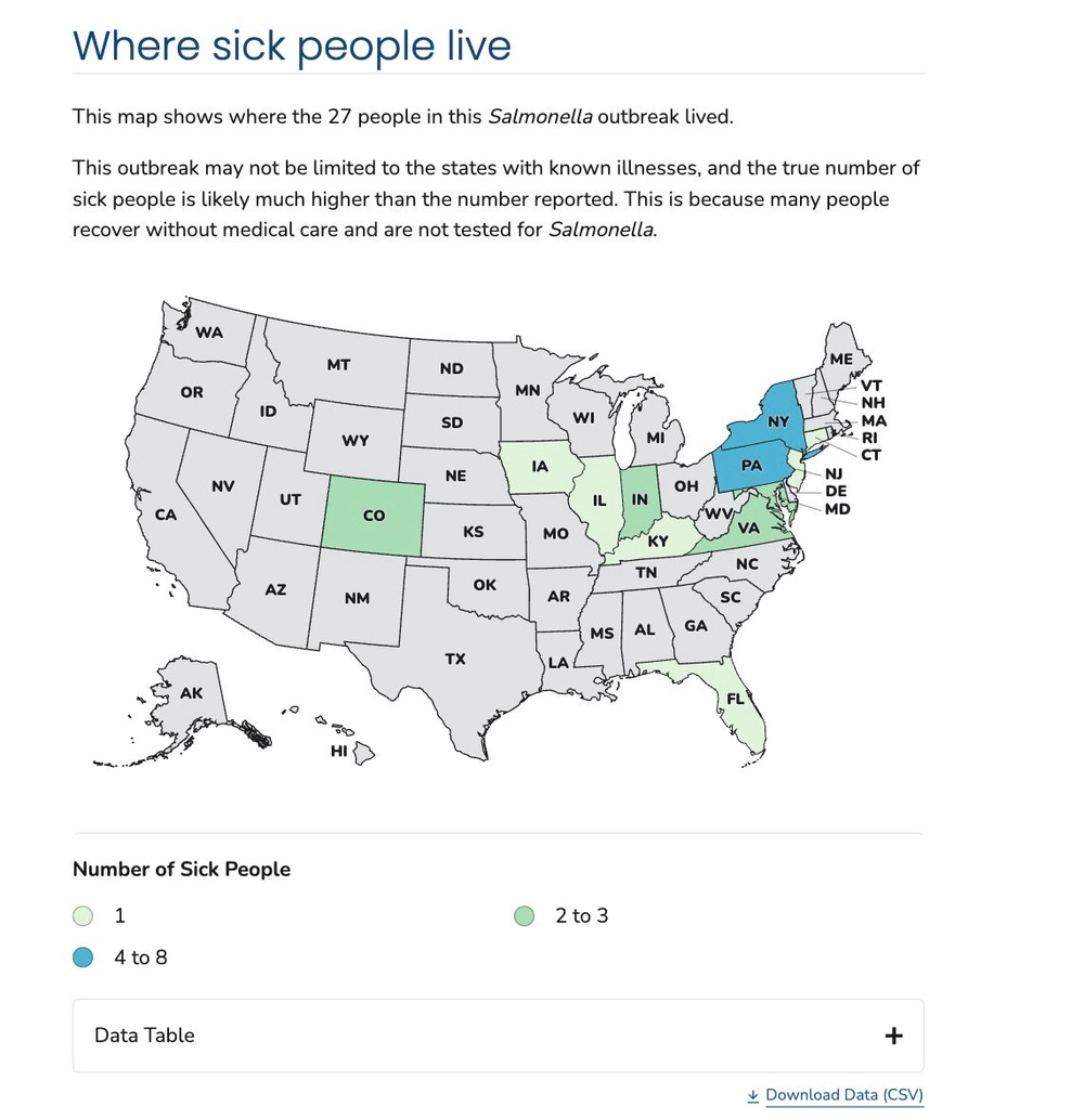 A CDC map shows where people sickened in the outbreak live. The states in blue have the most cases (CDC)