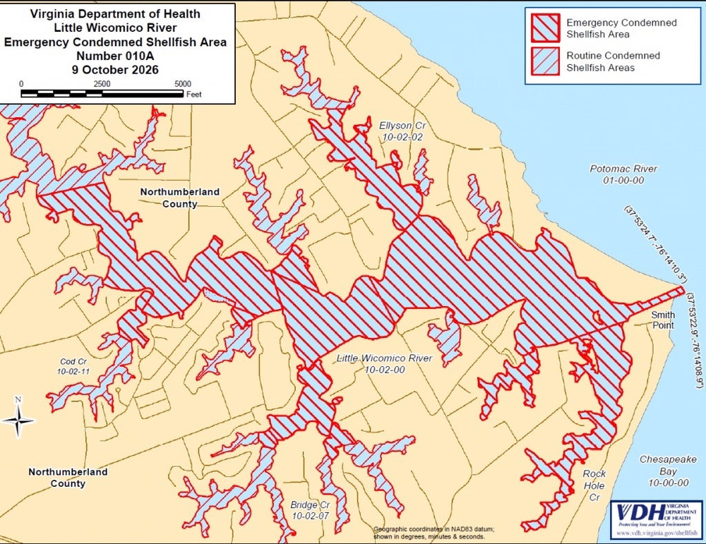 This Virginia Health Department map shows the harvest area that's been closed following the outbreak (Virginia Department of Health)