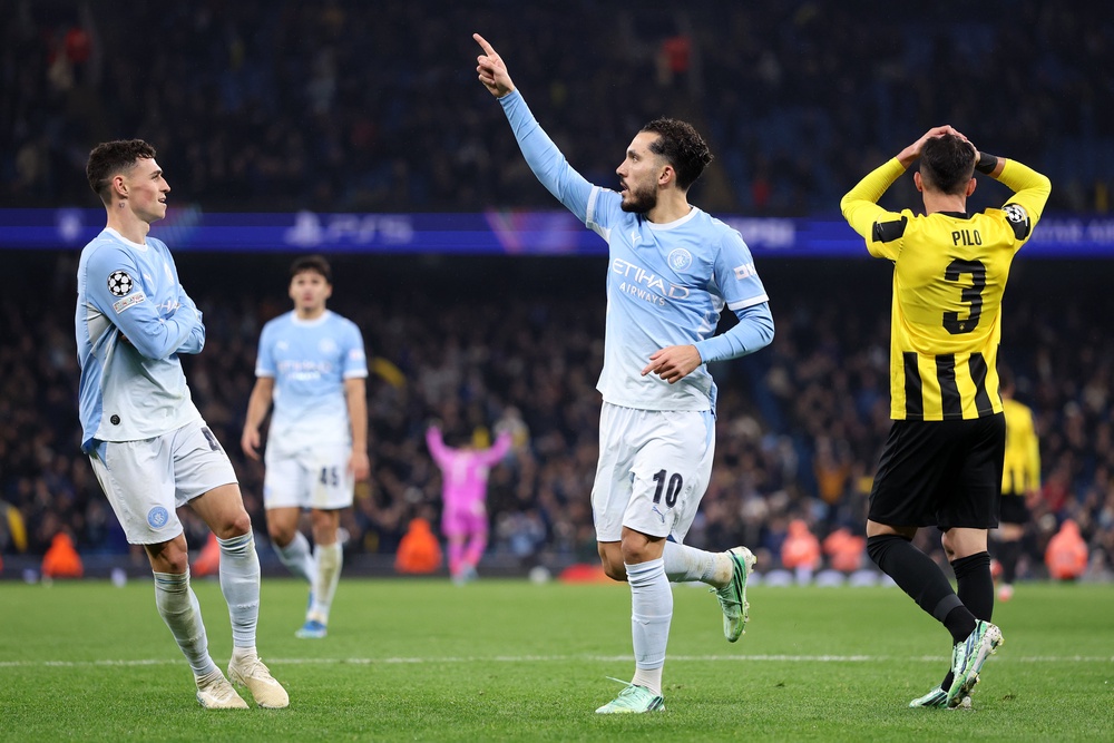Rayan Cherki celebrates netting City’s second against AEK Athens (Getty)