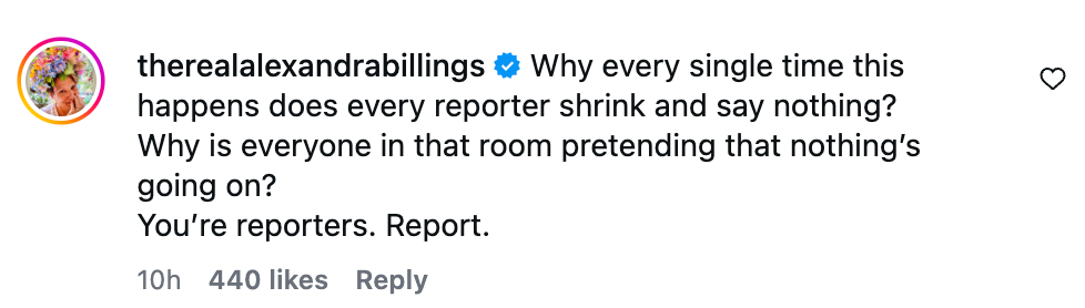 ‘Why is everyone in that room pretending that nothing’s going on?’ questioned @therealalexandrabillings (Instagram)