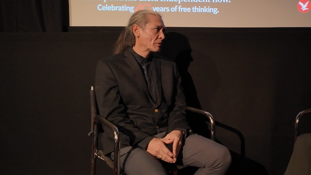 Kim Aris speaking at The Independent’s latest screening in London of its documentary examining the controversial former leader’s political career and legacy (Independent)