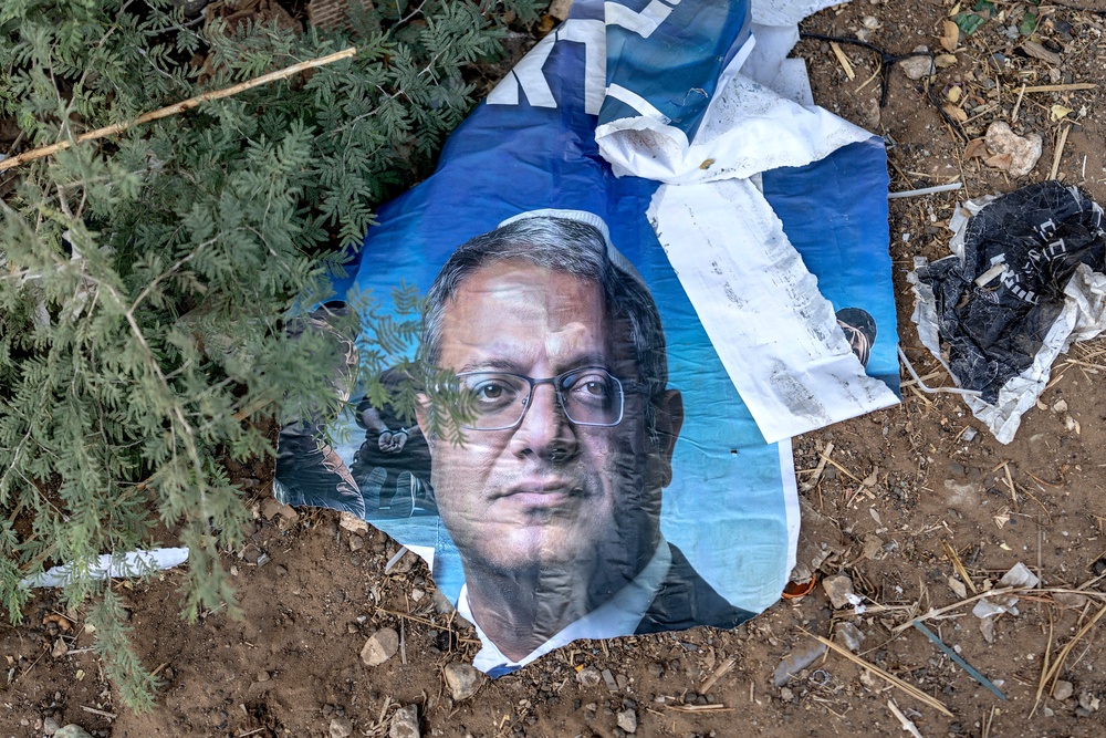 A torn up election banner for Israel's national security minister's Itamar Ben-Gvir far-right Otzma Yehudit (Jewish Power) party is displayed along the side of a highway outside Beit Shemesh in Israel's southern district on October 20, 2026. (AFP/Getty)
