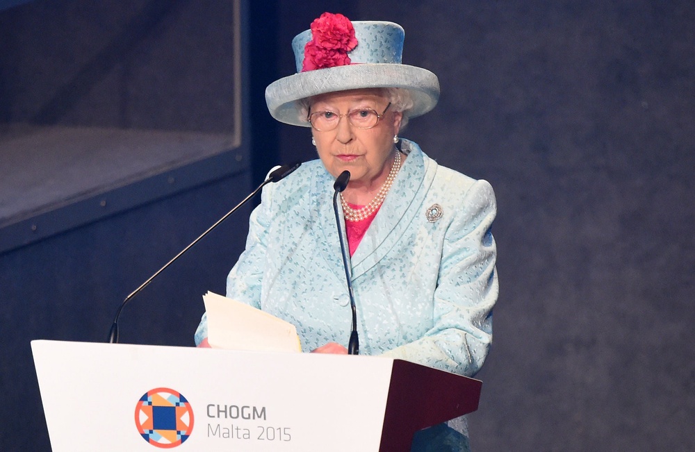 Queen Elizabeth II wearing the pendant as a brooch in Malta in 2015 (Facundo Arrizabalaga/PA) (PA Archive)