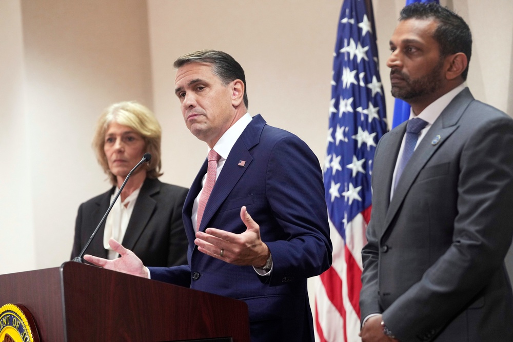 U.S. Attorney General Todd Blanche announced the charges against Lucas in a news conference with FBI Director Kash Patel on Thursday (AP Photo/Steve Helber)