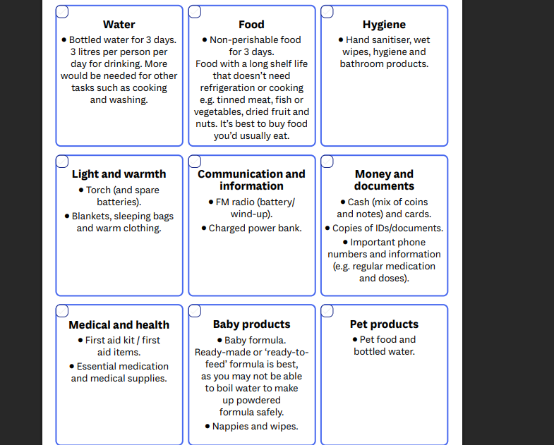 The official checklist advises people to stock up on enough water and food for three days (Gov.uk)