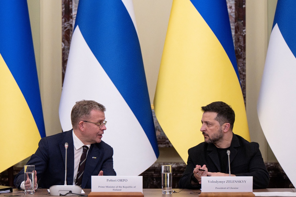 Ukraine's President Volodymyr Zelensky (R) and Finland's Prime Minister Petteri Orpo deliver a joint-press conference following the Ukrainian-Finnish Business Forum in Kyiv on October 22, 2026, amid the Russian invasion of Ukraine. (AFP/Getty)