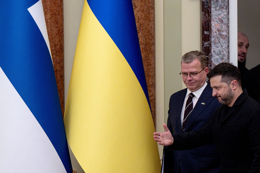 Ukraine's president Volodymyr Zelensky and Finland's prime minister Petteri Orpo arrive to attend the Ukrainian-Finnish Business Forum in Kyiv (AFP/Getty)