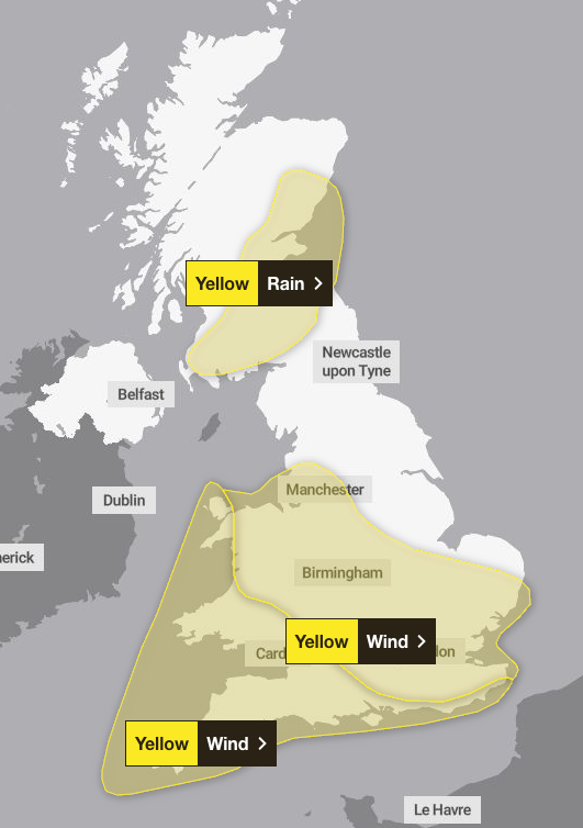 Two yellow warnings for wind and one for rain have been issued as storm Austen hits the UK (Met Office)
