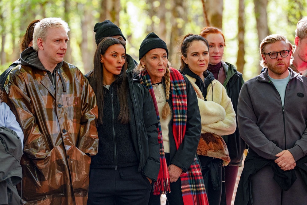 Joe Lycett, left, dons a checked jacket and Jerry Hall, centre, opts for Highland chic (BBC/Studio Lambert)