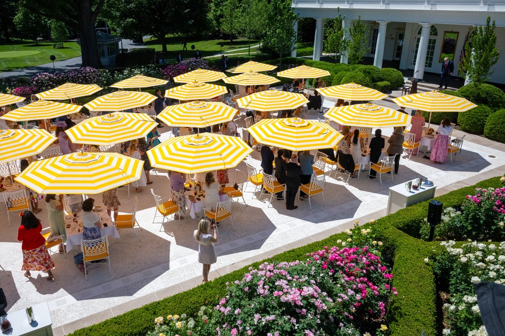 Tables with yellow-and-white striped umbrellas — reminiscent of those at Trump’s Mar-a-Lago estate in Palm Beach, Florida — fill the concrete patio, a project the president undertook in the summer of 2025 (AFP via Getty Images)