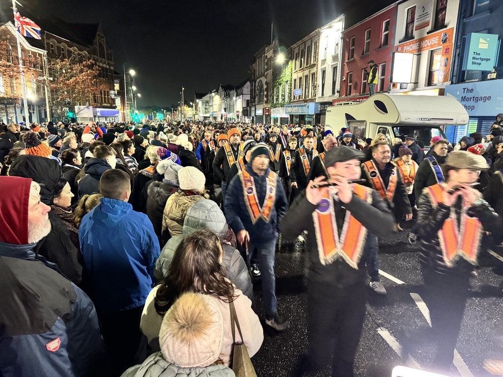 Thousands lined the streets to support the Orange Order parade in Portadown, Co Armagh (Mícheál Ó Scannáil/PA) (PA Wire)
