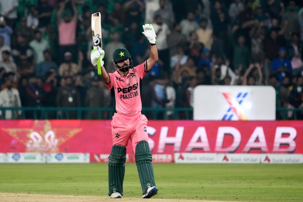 Shadab Khan celebrates his century (K.M. Chaudary/PA) (AP)
