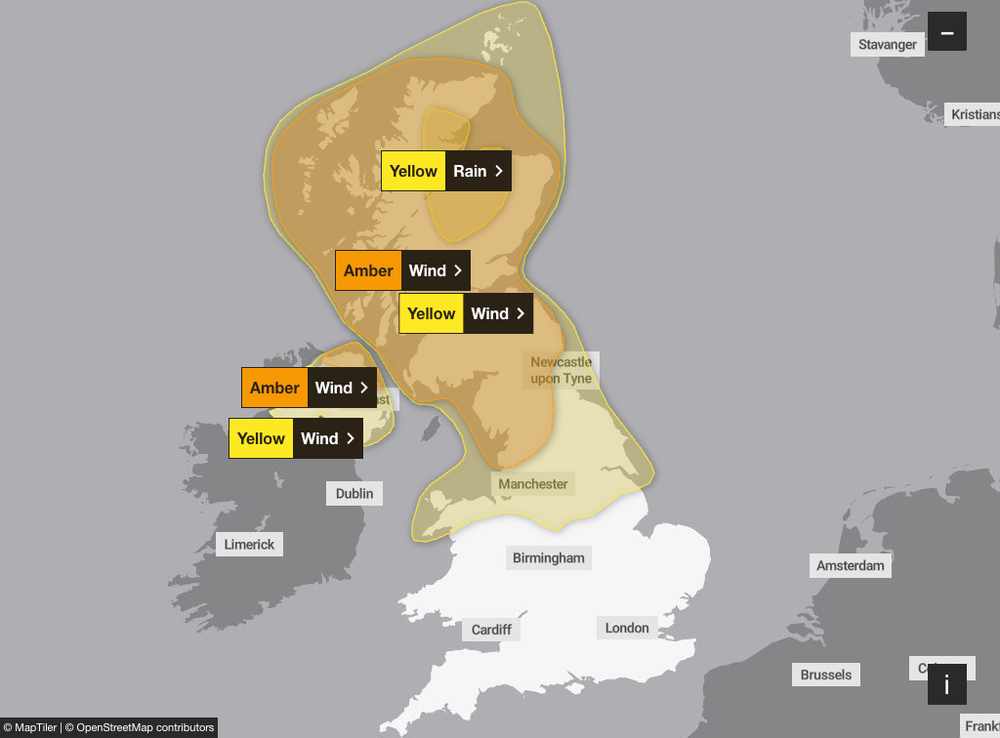 Weather warnings at 7:30am on 25 October (Met Office)