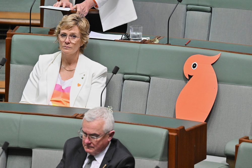 Independent member of parliament Zali Steggall sits next to a cutout cockatoo during a tribute to colleague Helen Haines, who was critically injured on Oct. 19 by a driver who struck her with a vehicle, at Parliament House in Canberra, Australia, Monday (AP)