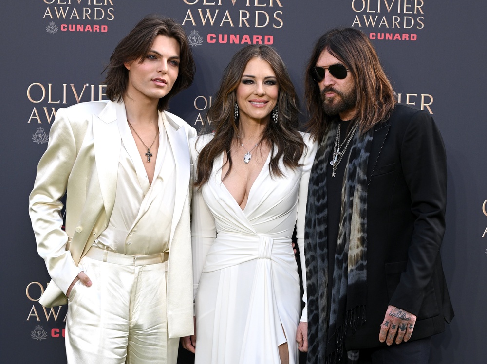 Damian Hurley, Elizabeth Hurley and Billy Ray Cyrus attending The Olivier Awards 2026 in London (Getty)