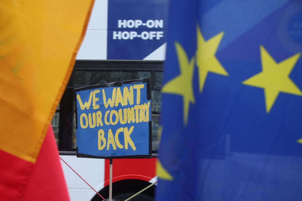 Flags and banners outside the Houses of Parliament during the Brexit referendum (PA) (PA Archive)