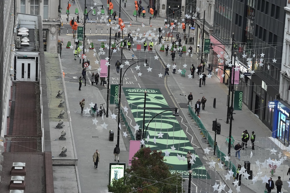 An aerial view of Oxford Street as pedestrianisation comes into force (Stefan Rousseau/PA)