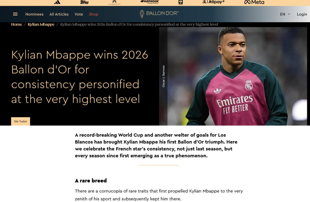 Kylian Mbappe also received an article promoting him as the award winner (Ballon d'Or)