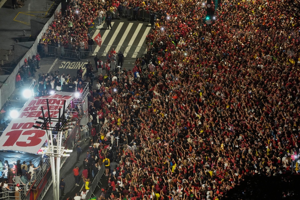 President Luiz Inacio Lula da Silva addresses supporters during a victory rally (AP Photo/Andre Penner)