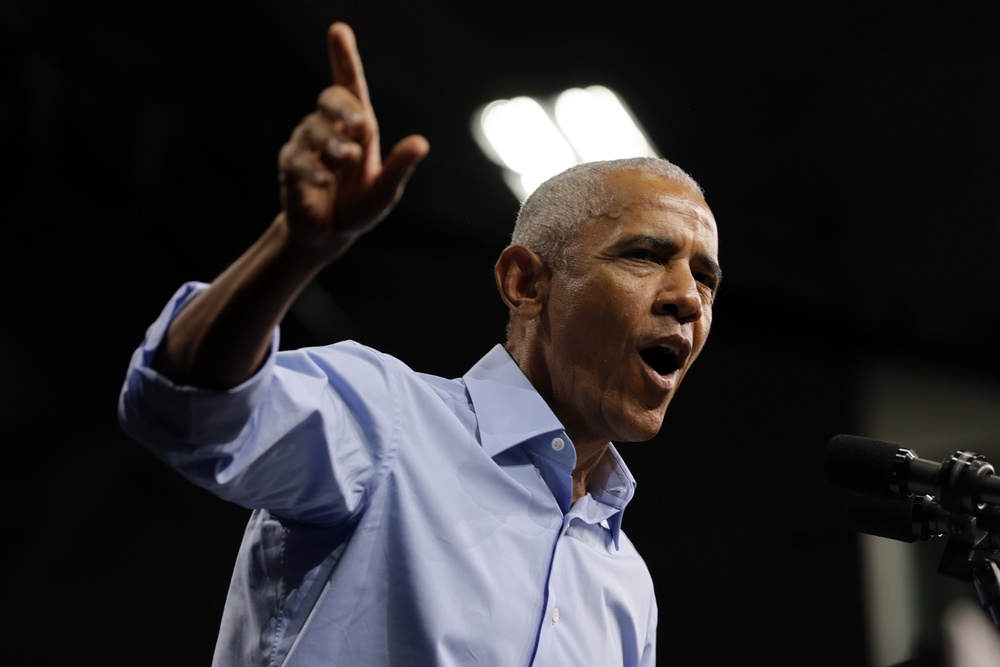 ‘He’s got the White House looking like Saddam Hussein opened a Cheesecake Factory!’ Obama quipped at a rally this weekend, prompting a defensive response from the president (Getty)