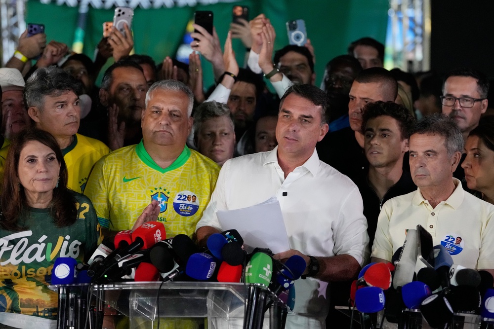 Opposition presidential candidate Sen. Flavio Bolsonaro speaks after the presidential election runoff in Brasilia, Brazil, Oct. 25, 2026. (Copyright 2026 The Associated Press. All rights reserved)