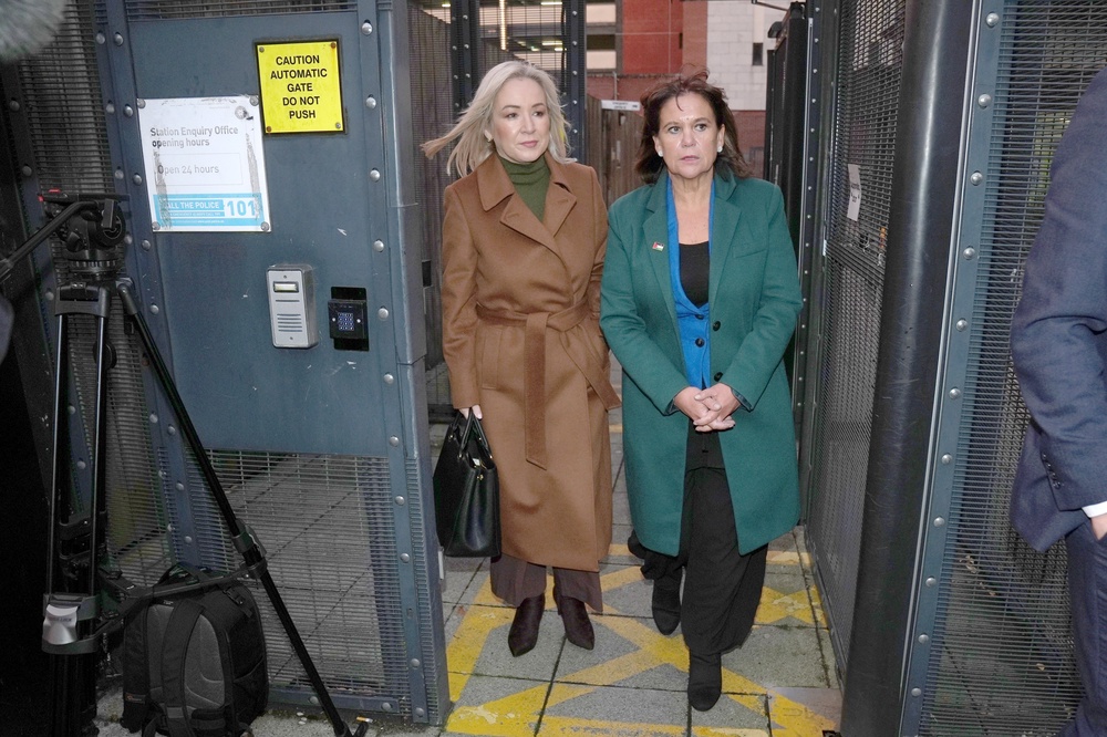 First Minister Michelle O’Neill and Sinn Féin president Mary Lou McDonald leave Musgrave Street police station in Belfast last week (Brian Lawless/PA) (PA Wire)