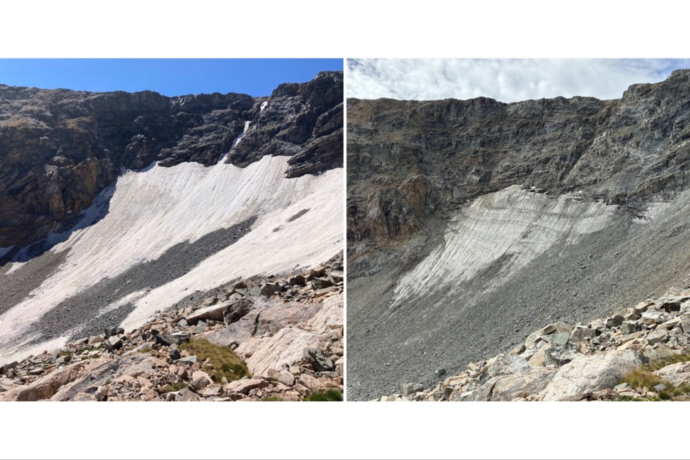 The St. Vrain Glacier in the Rocky Mountains near Allenspark, Colo., on Sept. 1, 2024, left, and Sept. 6, 2026 (Harlan Ulmer)